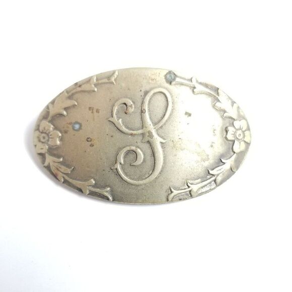 Vintage Monogram Letter Oval Shaped Lapel Pin Brooch, German Silver, Initial - Picture 1 of 6